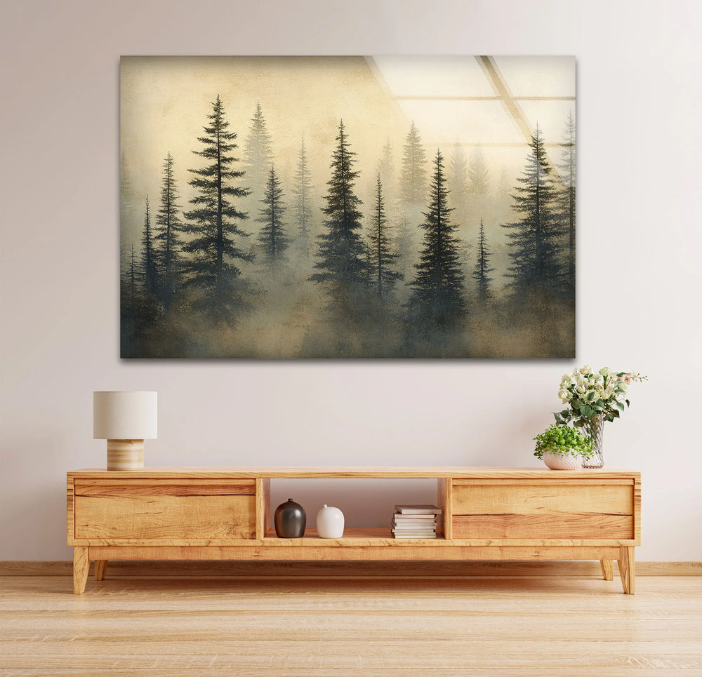 Whispers in the Pines – Misty Forest Scene Glass Wall Art - MyPhotoStation