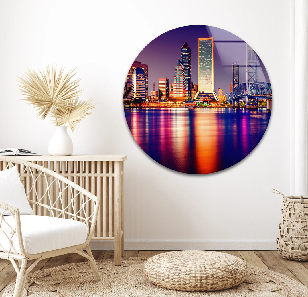 Jacksonville Skyline Glass Wall Art – Stunning View of Florida’s Iconic Downtown at Night - MyPhotoStation