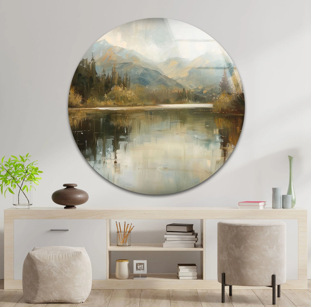 Tranquil Mountain Reflection – Misty Lake Scene Glass Wall Art - MyPhotoStation