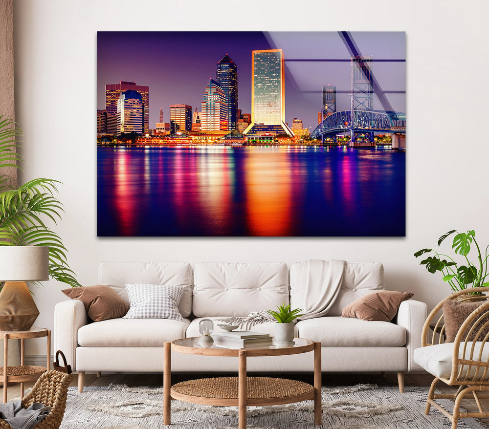 Jacksonville Skyline Glass Wall Art – Stunning View of Florida’s Iconic Downtown at Night - MyPhotoStation