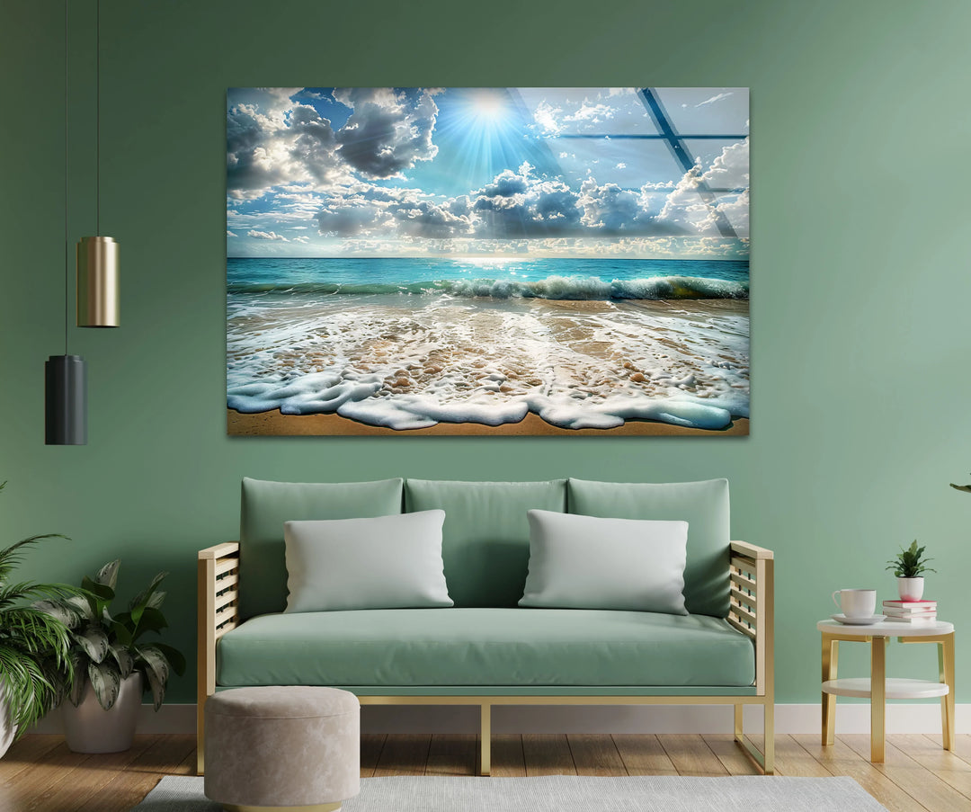 Sunlit Ocean Waves and Sandy Beach - Glass Wall Art - MyPhotoStation