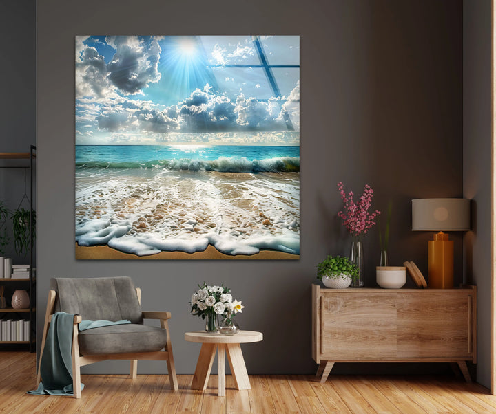 Sunlit Ocean Waves and Sandy Beach - Glass Wall Art - MyPhotoStation