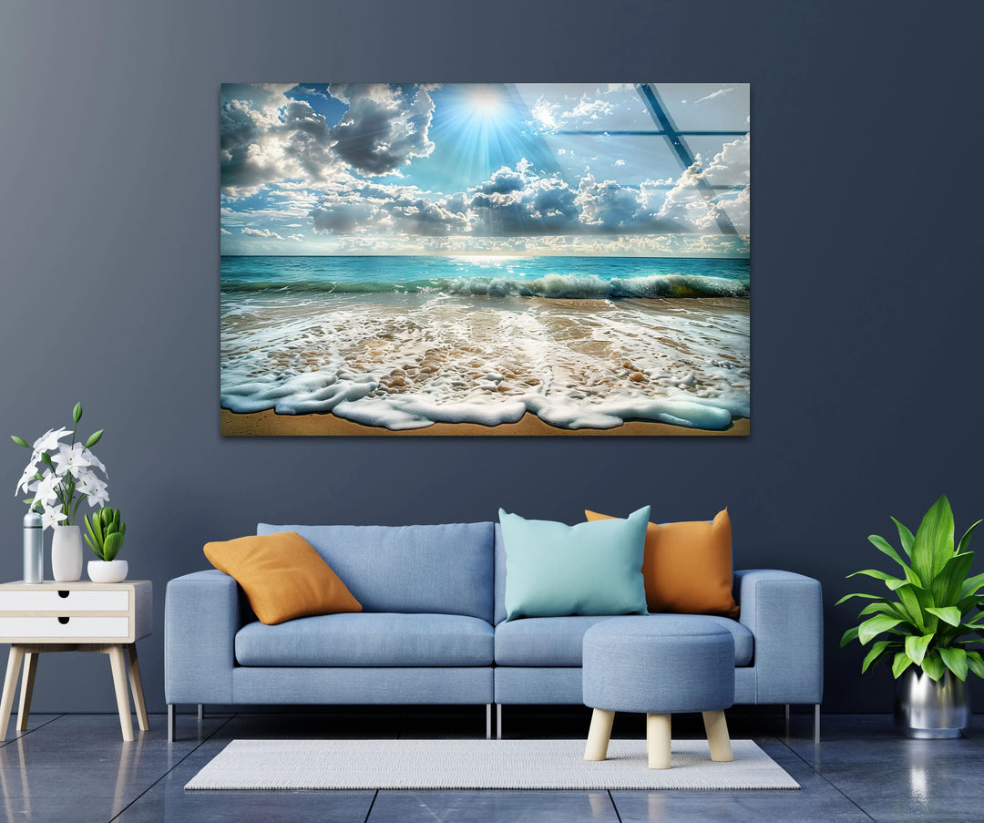 Sunlit Ocean Waves and Sandy Beach - Glass Wall Art - MyPhotoStation