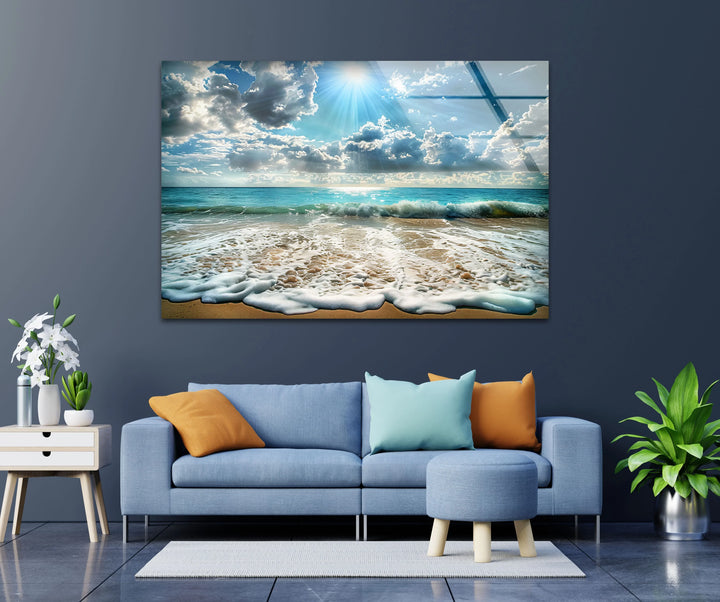 Sunlit Ocean Waves and Sandy Beach - Glass Wall Art - MyPhotoStation