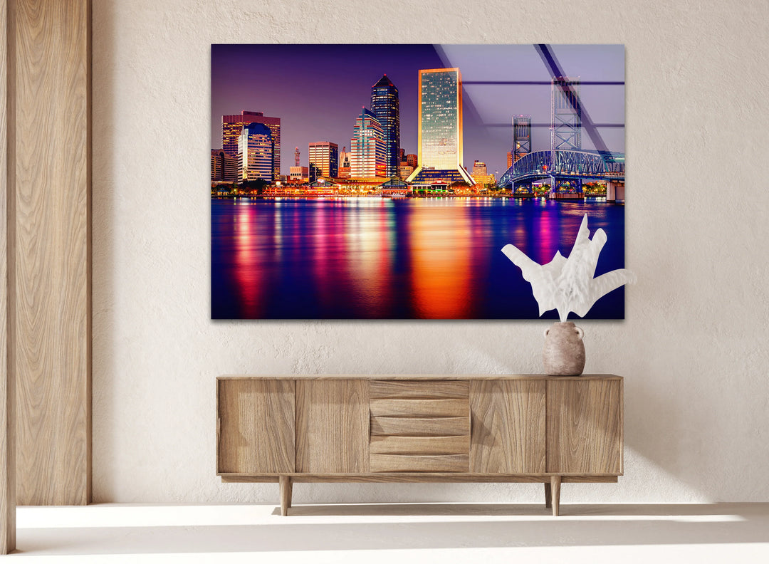 Jacksonville Skyline Glass Wall Art – Stunning View of Florida’s Iconic Downtown at Night - MyPhotoStation
