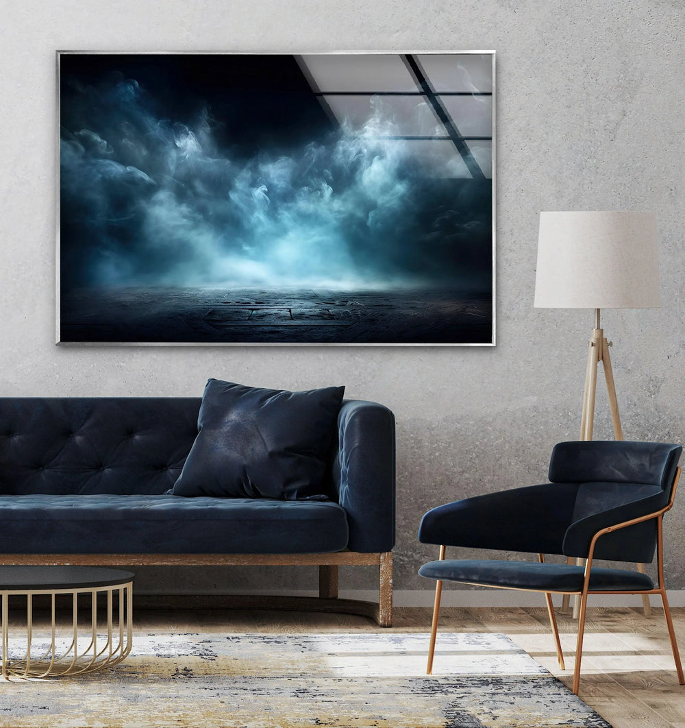 Atmospheric fog rolling over a shadowy terrain, captured in high-definition glass wall art.