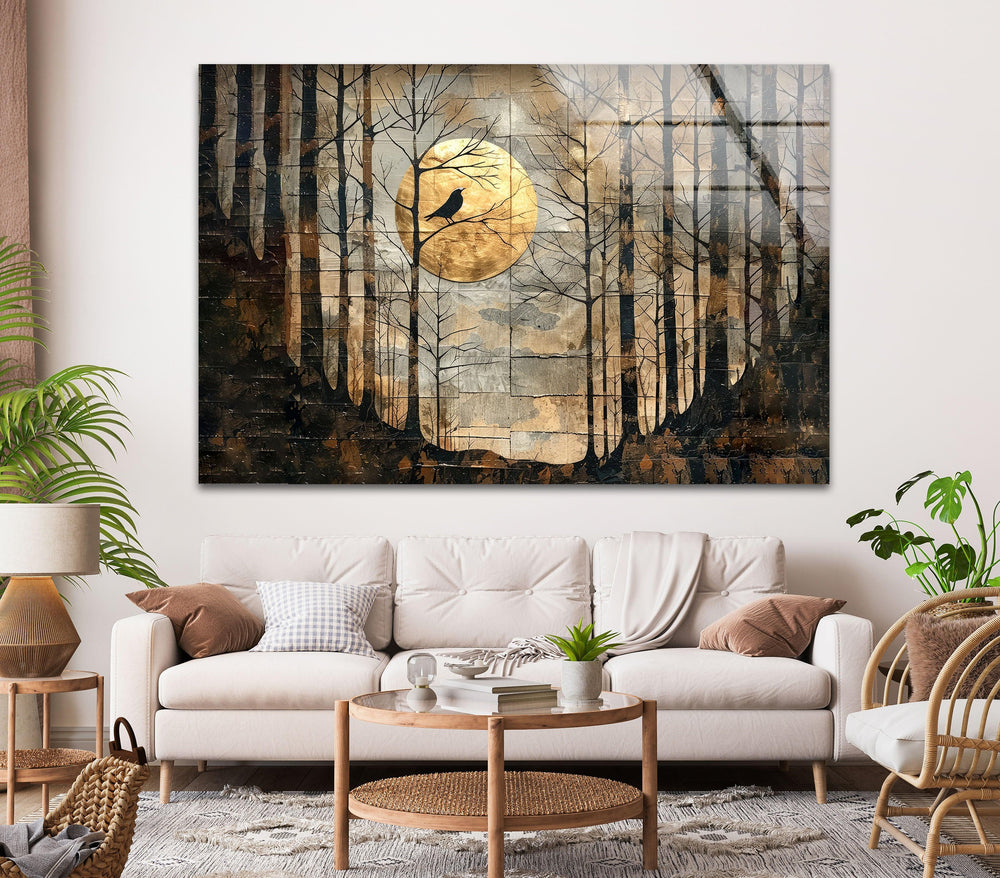 Dark, enchanted woods with a golden moon illuminating the silhouette of bare trees.