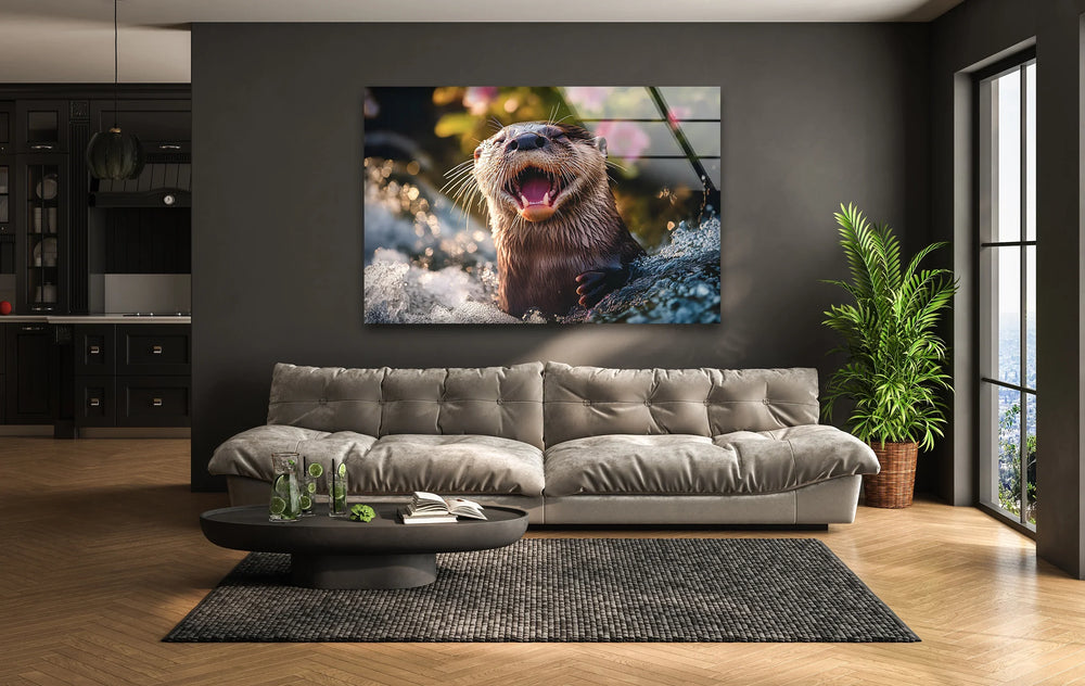 Happy Otter on Water Glass Wall Art glass image printing, glass prints from photos