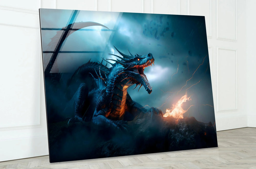 Powerful dragon with glowing eyes and fire erupting from its mouth in a dramatic scene.