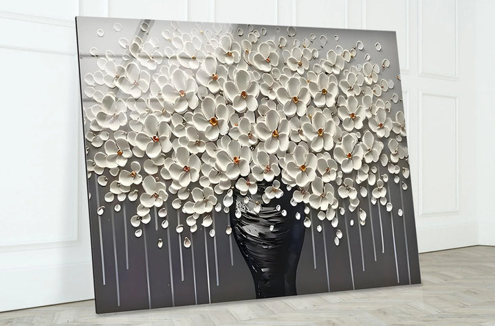 White Flowers and Grey Vase Glass Wall Art glass photo prints, glass picture prints