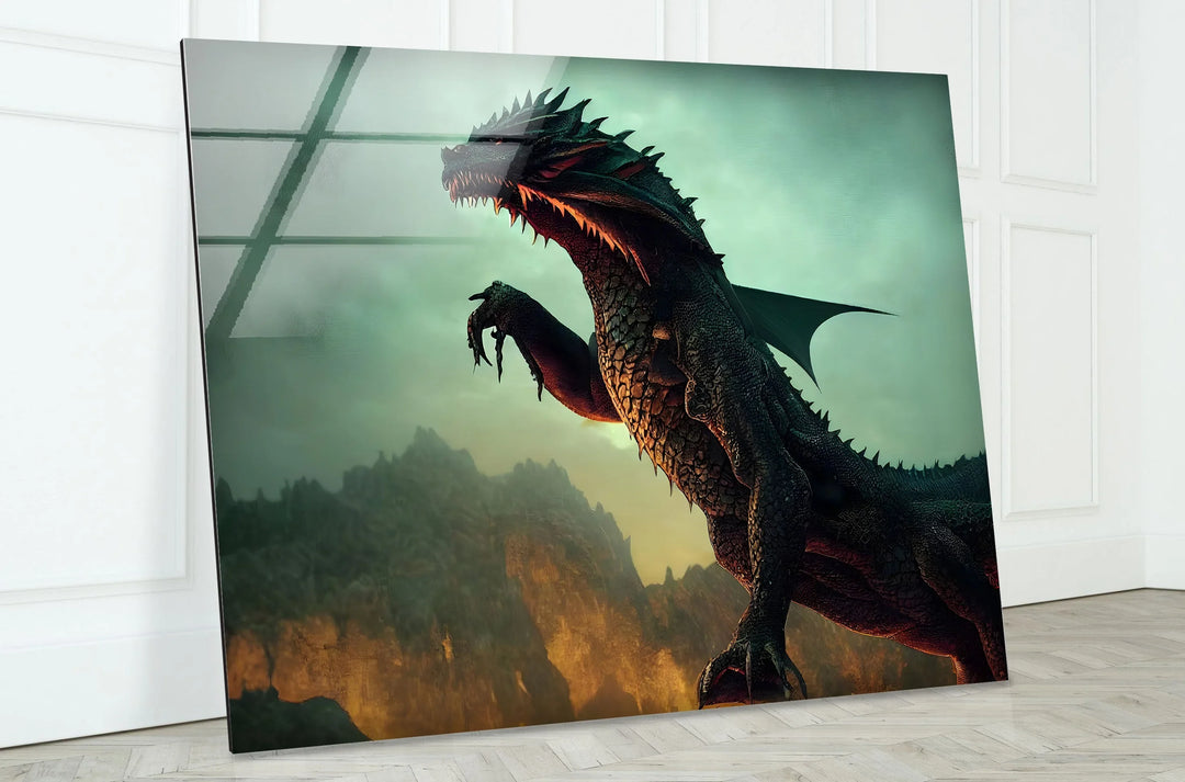 Powerful dragon with glowing scales and wings spread wide in a storm of flames.
