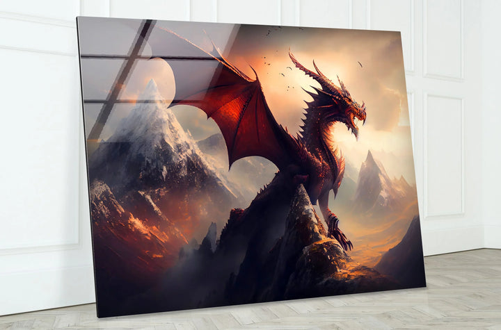 Majestic mythical dragon with glowing red scales, set against a fiery mountain range.