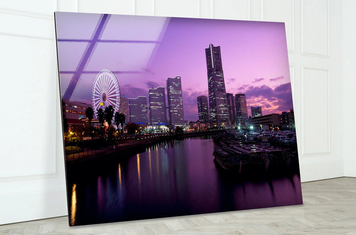 Yokohama City Skyline Glass Wall Art – Stunning Waterfront View with Ferris Wheel at Sunset - MyPhotoStation