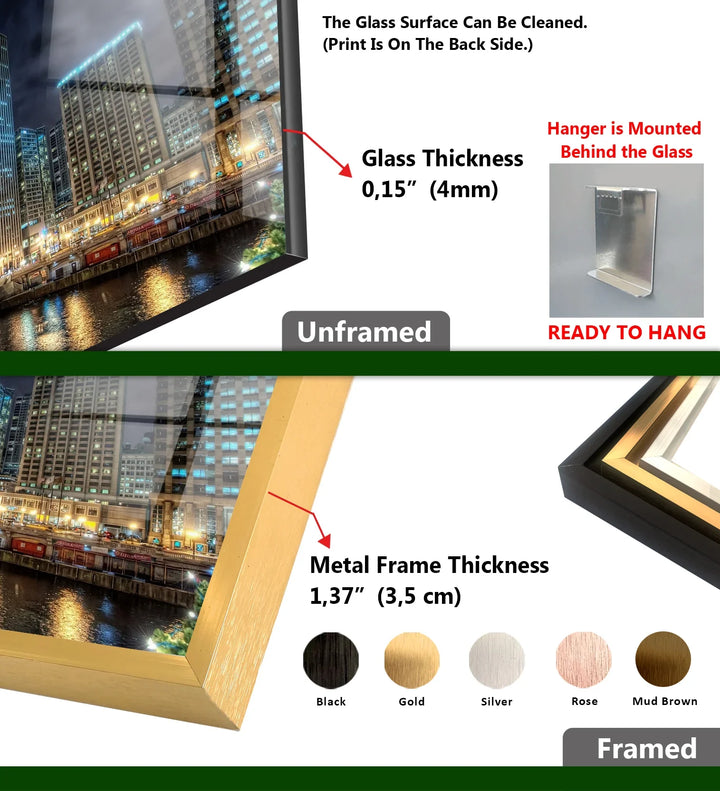 Chicago Skyline Glass Wall Art – Majestic View of Chicago's Iconic River & Skyscrapers at Night - MyPhotoStation