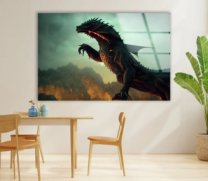 Majestic and powerful dragon standing tall, framed by a fiery horizon.