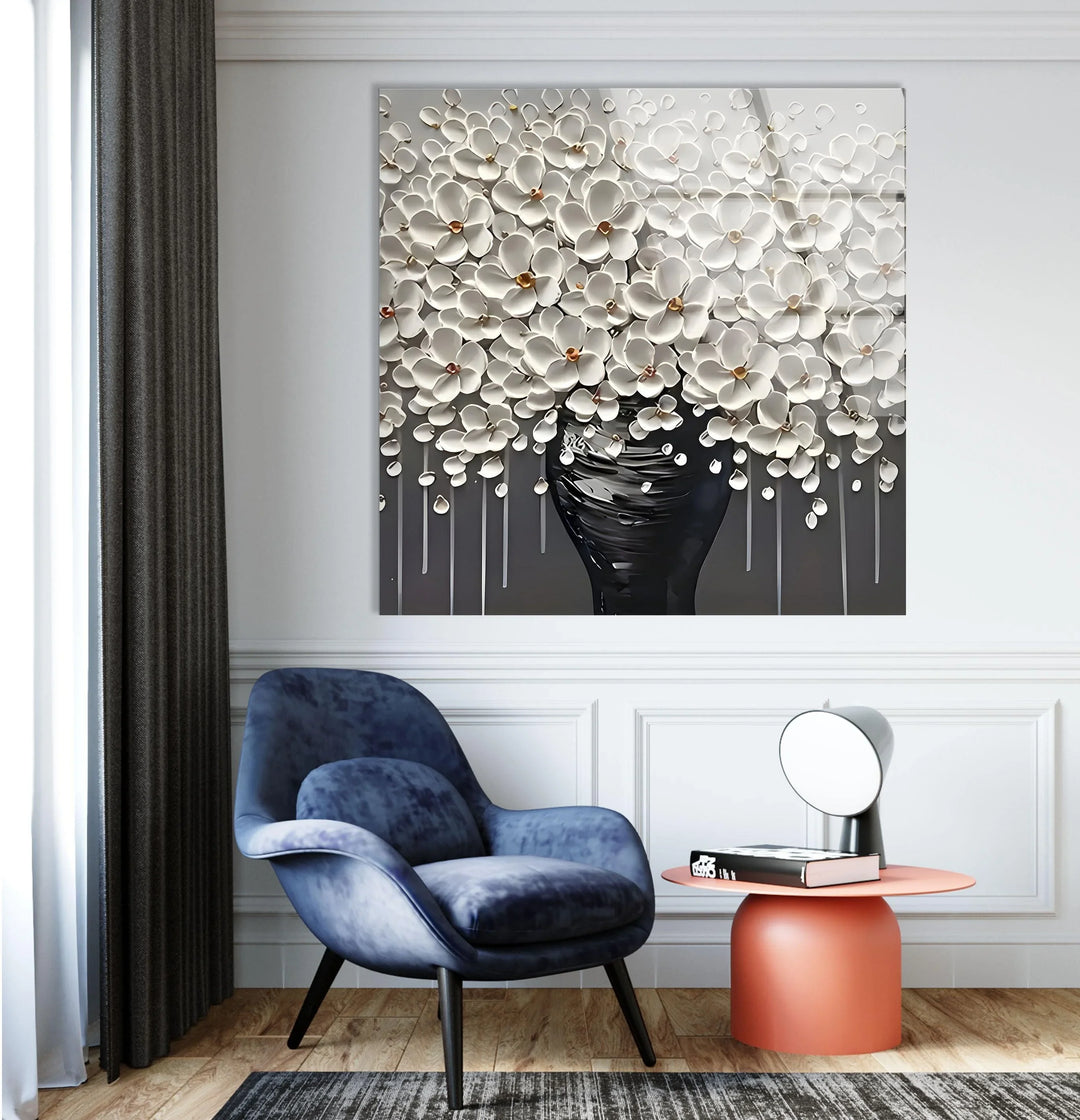 White Flowers and Grey Vase Glass Wall Art custom glass pictures, glass art prints