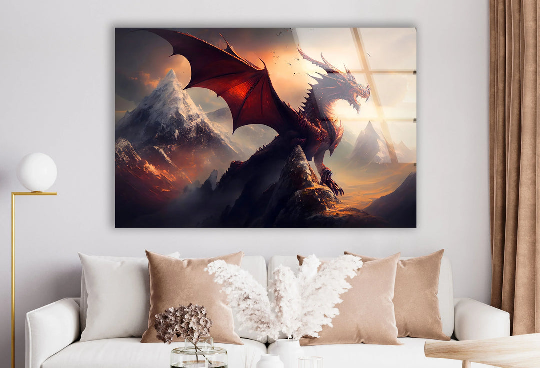 Fierce dragon with fiery wings standing tall against a dramatic mountainous backdrop.