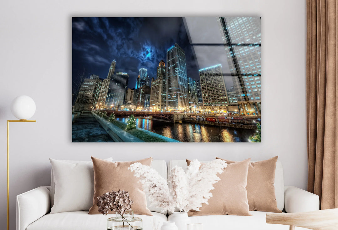 Chicago Skyline Glass Wall Art – Majestic View of Chicago's Iconic River & Skyscrapers at Night - MyPhotoStation