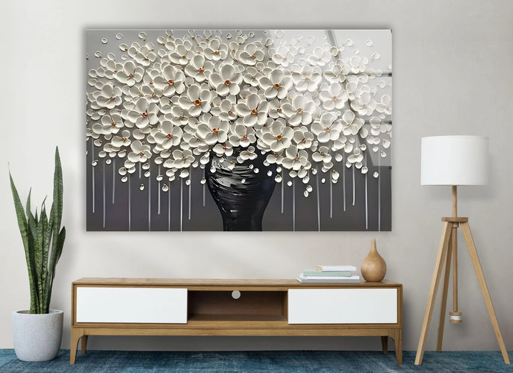 White Flowers and Grey Vase Glass Wall Art glass image printing, glass prints from photos