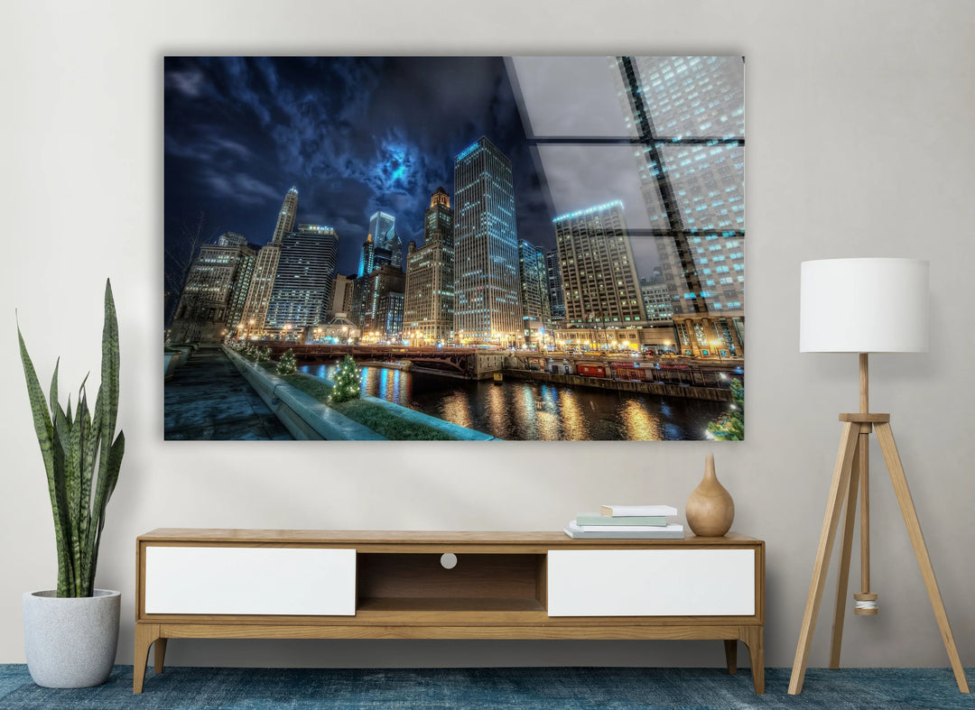Chicago Skyline Glass Wall Art – Majestic View of Chicago's Iconic River & Skyscrapers at Night - MyPhotoStation