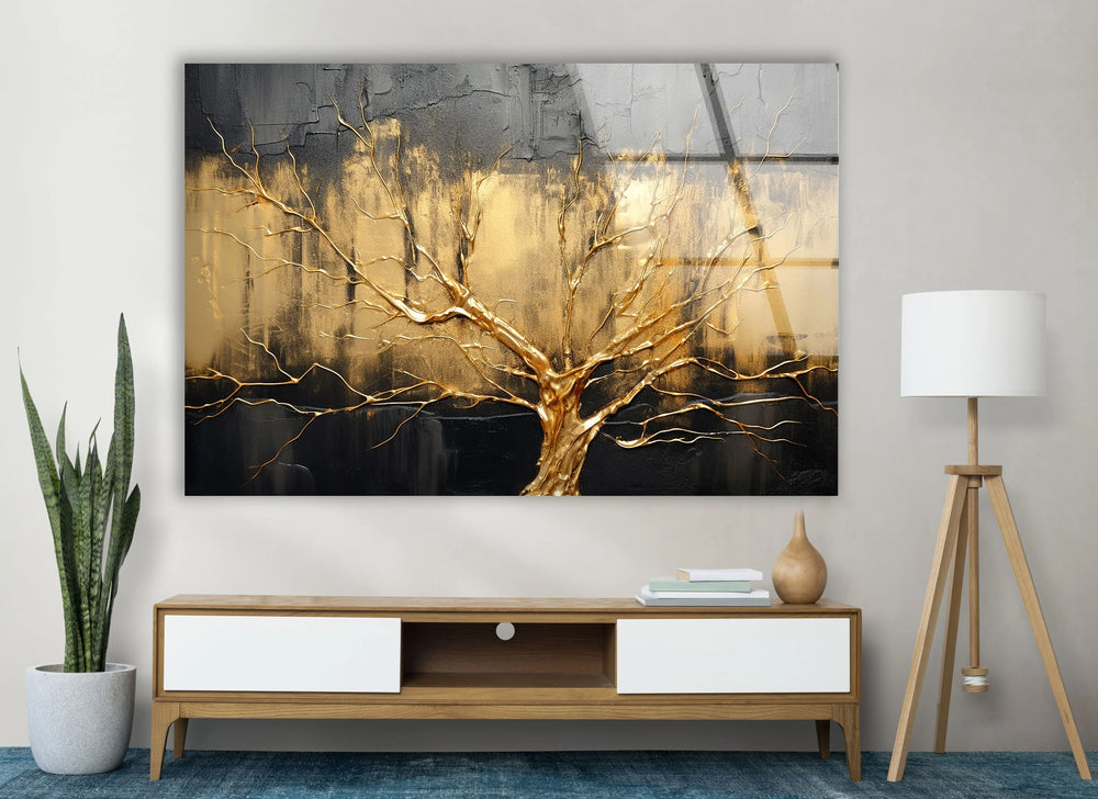 Gold Tree Wall Art – Elegant Abstract Nature Design on Glass - MyPhotoStation