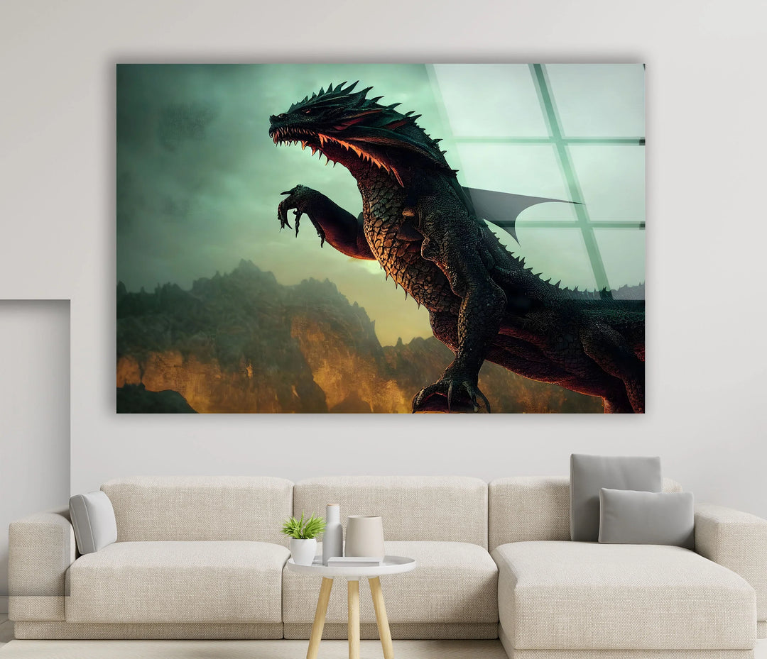 Intense dragon artwork featuring a mighty creature amidst a blazing backdrop.