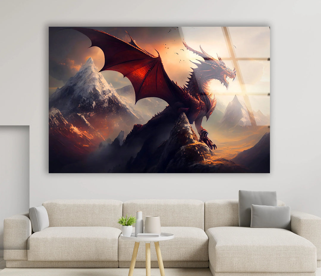 Mythical red dragon with wings spread wide, roaring amidst fiery clouds in the mountains.