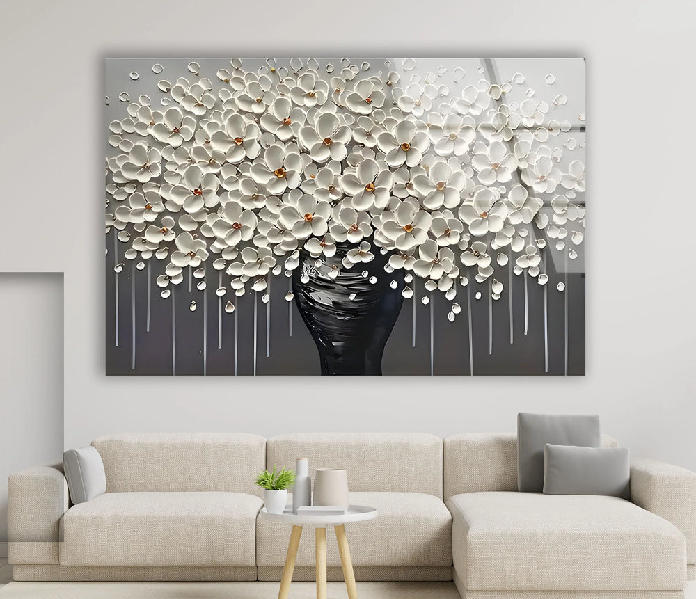 White Flowers and Grey Vase Glass Wall Art glass wall decor, glass wall art decor
