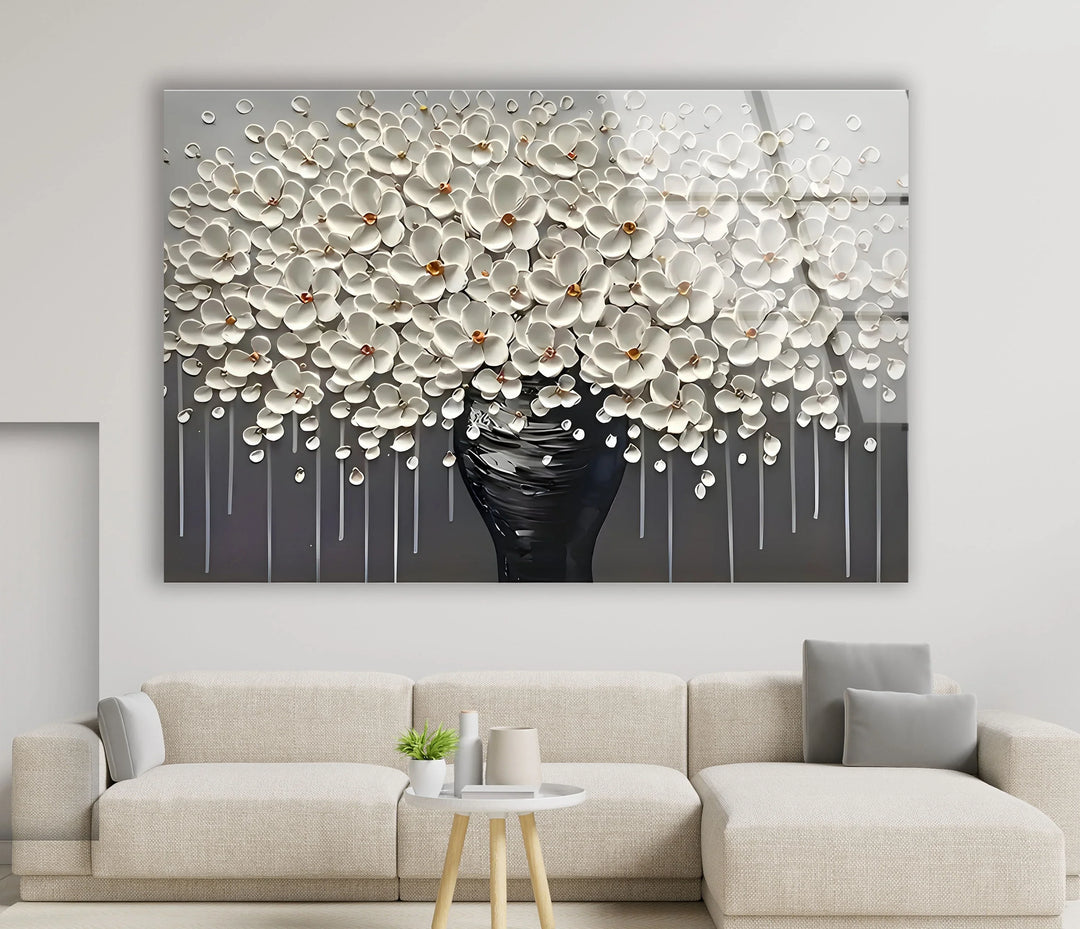 White Flowers and Grey Vase Glass Wall Art glass wall decor, glass wall art decor