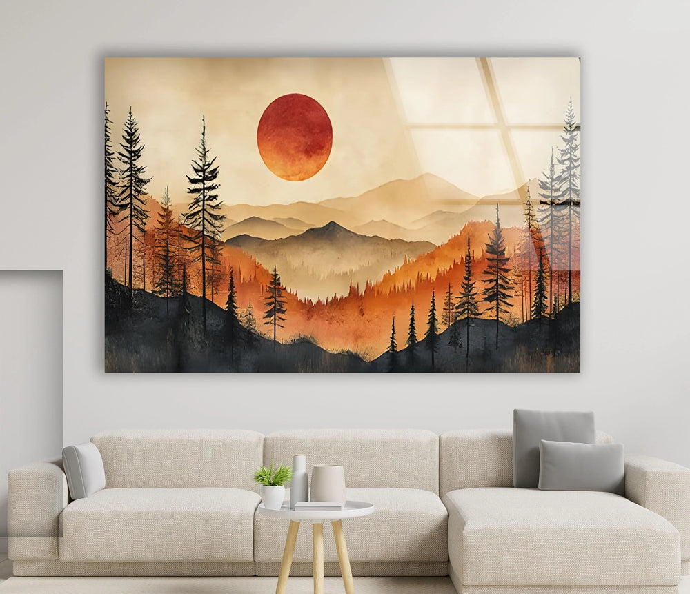 Serene Sunset Over Mountains – A Stunning Glass Wall Art for Your Home