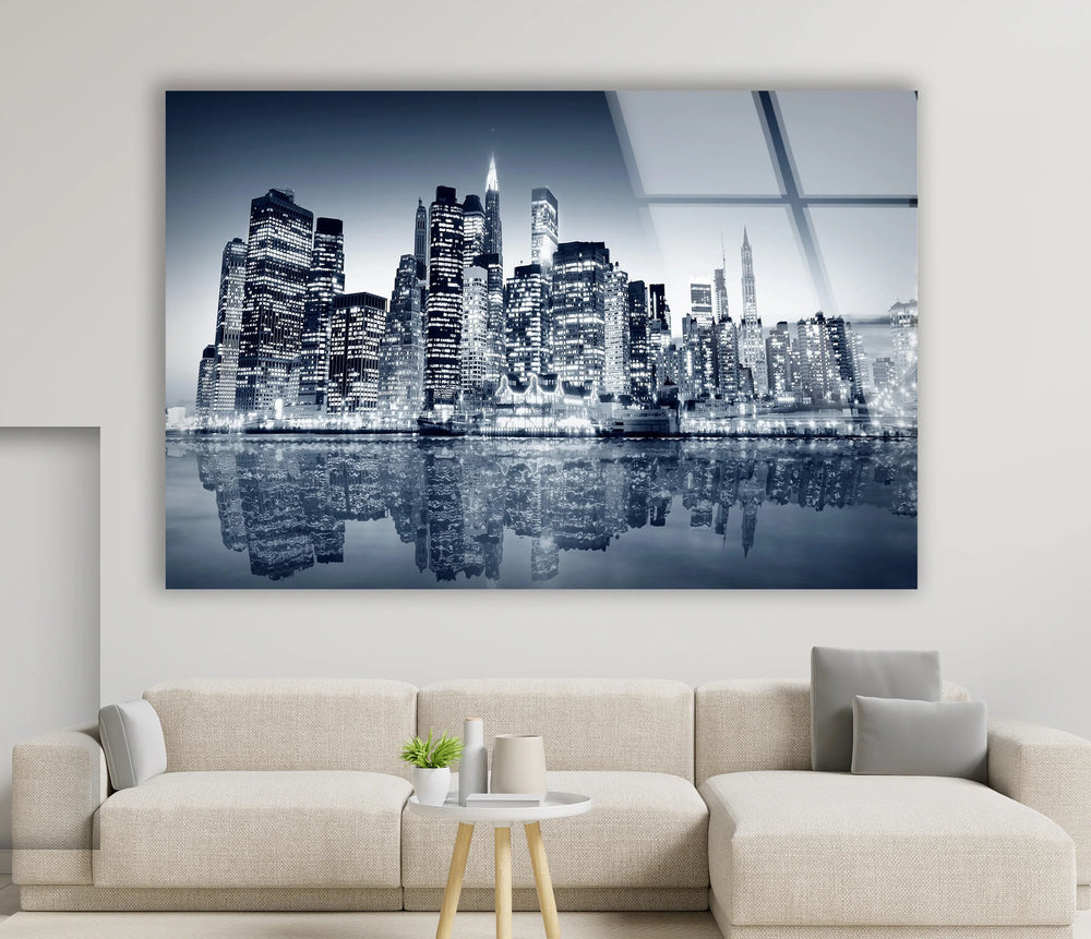 Black and White New York City Skyline Glass Wall Art – Iconic NYC View with Reflections - MyPhotoStation
