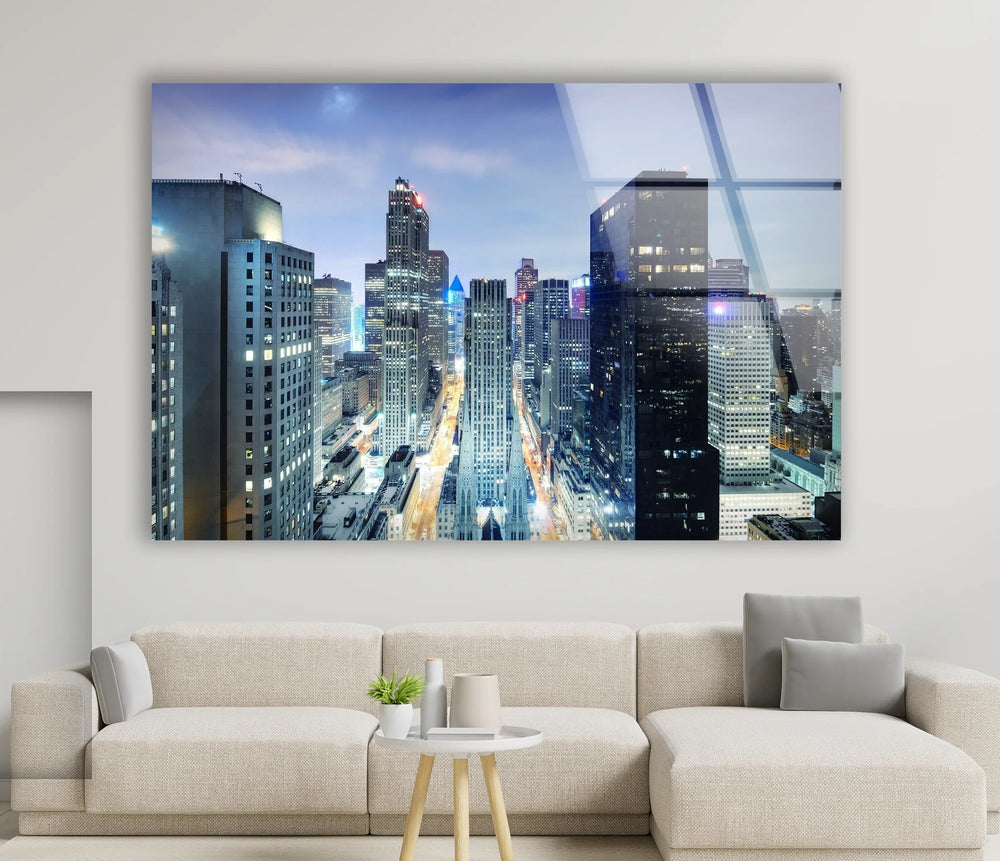 Chicago Skyline Glass Wall Art – Stunning Night View of Downtown Skyscrapers and Streets - MyPhotoStation