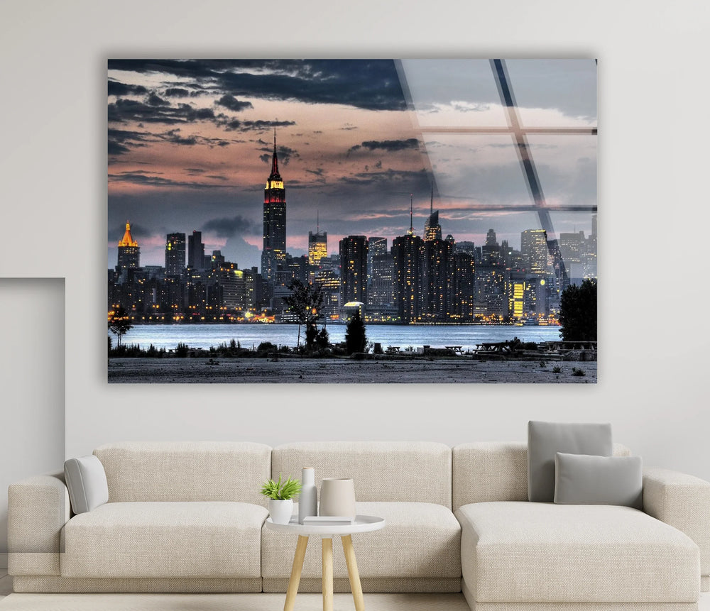 New York City Skyline Glass Wall Art – Stunning Evening View of Empire State Building & Downtown - MyPhotoStation