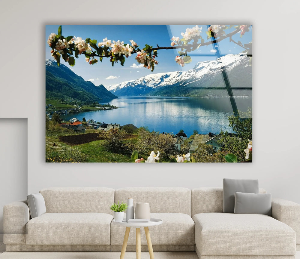 Norwegian Fjord Glass Wall Art – Majestic Mountain & Lake View with Blossoming Flowers - MyPhotoStation