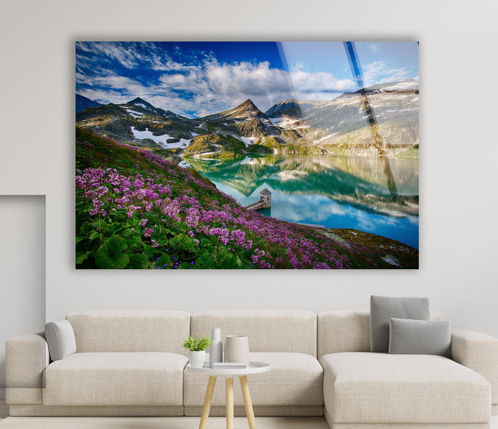 Norwegian Fjord Glass Wall Art – Majestic Mountain with Blossoming Flowers - MyPhotoStation