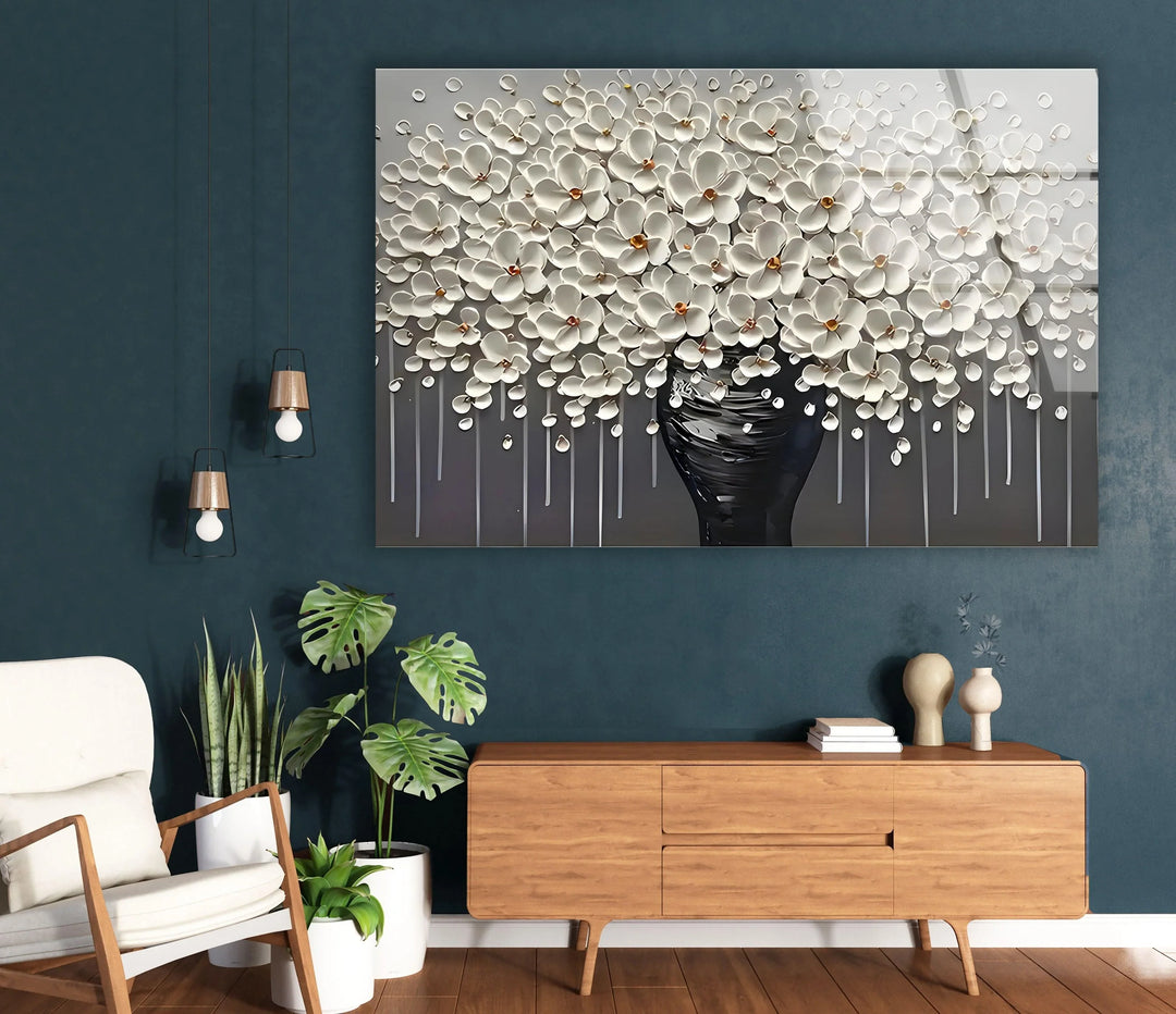 White Flowers and Grey Vase Glass Wall Art Glass Printing Wall Art, Print photos on glass