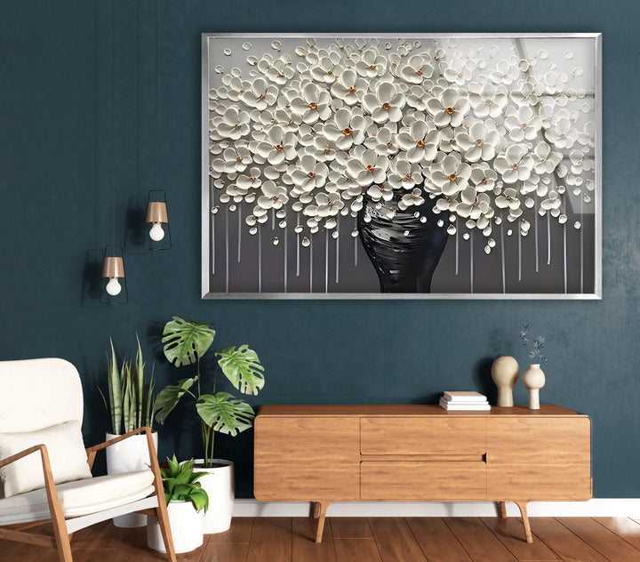 White Flowers and Grey Vase Glass Wall Art photo print on glass, prints on glass wall art