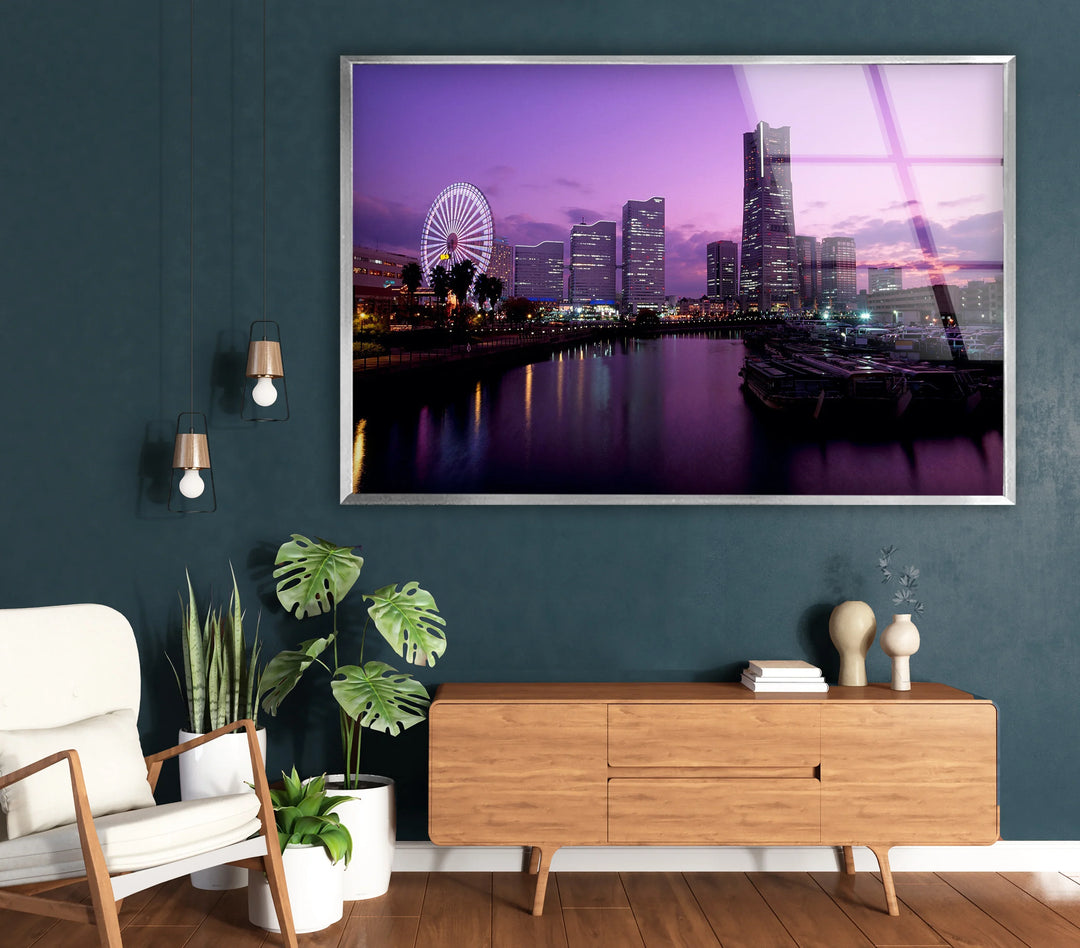 Yokohama City Skyline Glass Wall Art – Stunning Waterfront View with Ferris Wheel at Sunset - MyPhotoStation