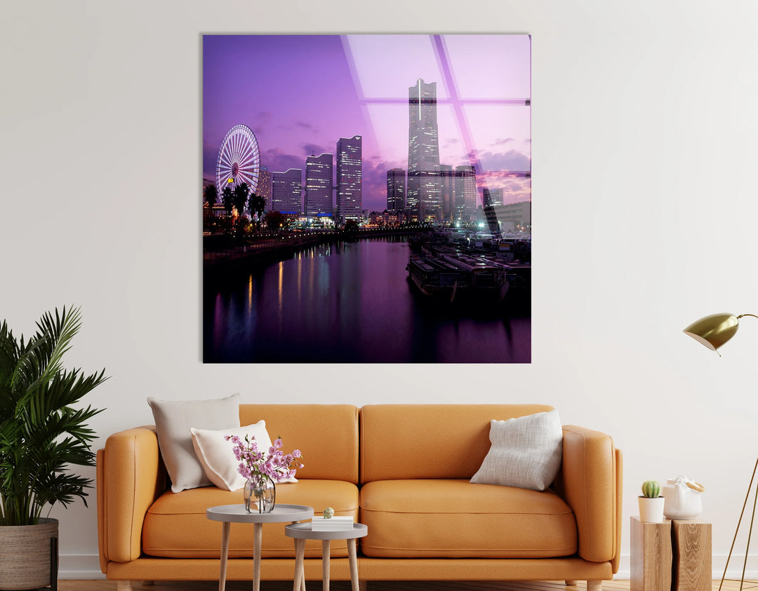 Yokohama City Skyline Glass Wall Art – Stunning Waterfront View with Ferris Wheel at Sunset - MyPhotoStation