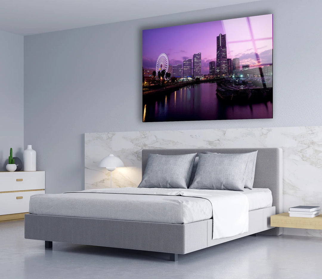 Yokohama City Skyline Glass Wall Art – Stunning Waterfront View with Ferris Wheel at Sunset - MyPhotoStation