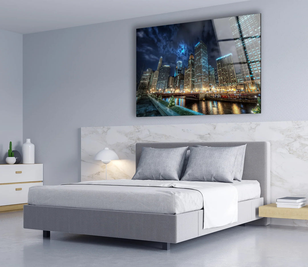 Chicago Skyline Glass Wall Art – Majestic View of Chicago's Iconic River & Skyscrapers at Night - MyPhotoStation