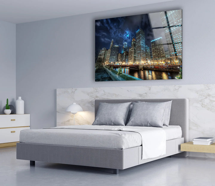 Chicago Skyline Glass Wall Art – Majestic View of Chicago's Iconic River & Skyscrapers at Night - MyPhotoStation
