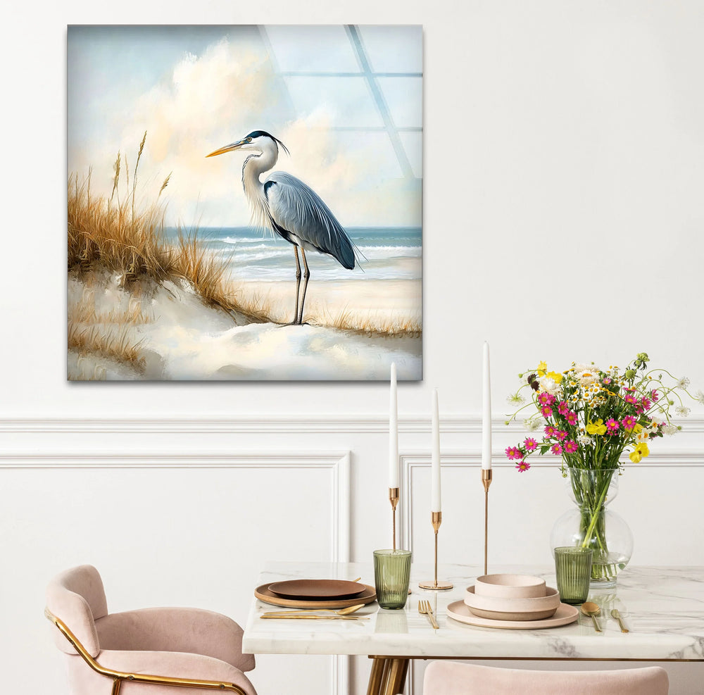 Coastal Watch – Heron by the Shore Glass Wall Art - MyPhotoStation