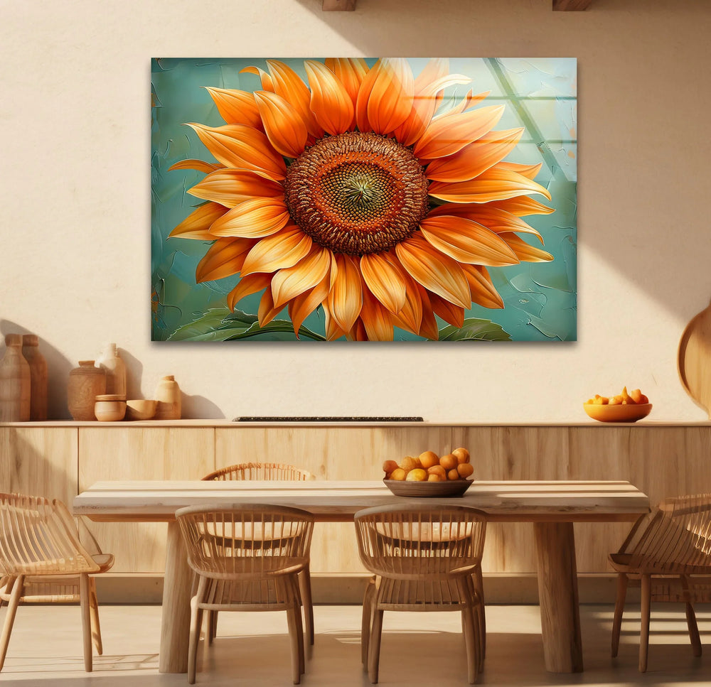 Oil Painting Orange Sunflower Glass Wall Art picture on glass wall art, photos printed on glass