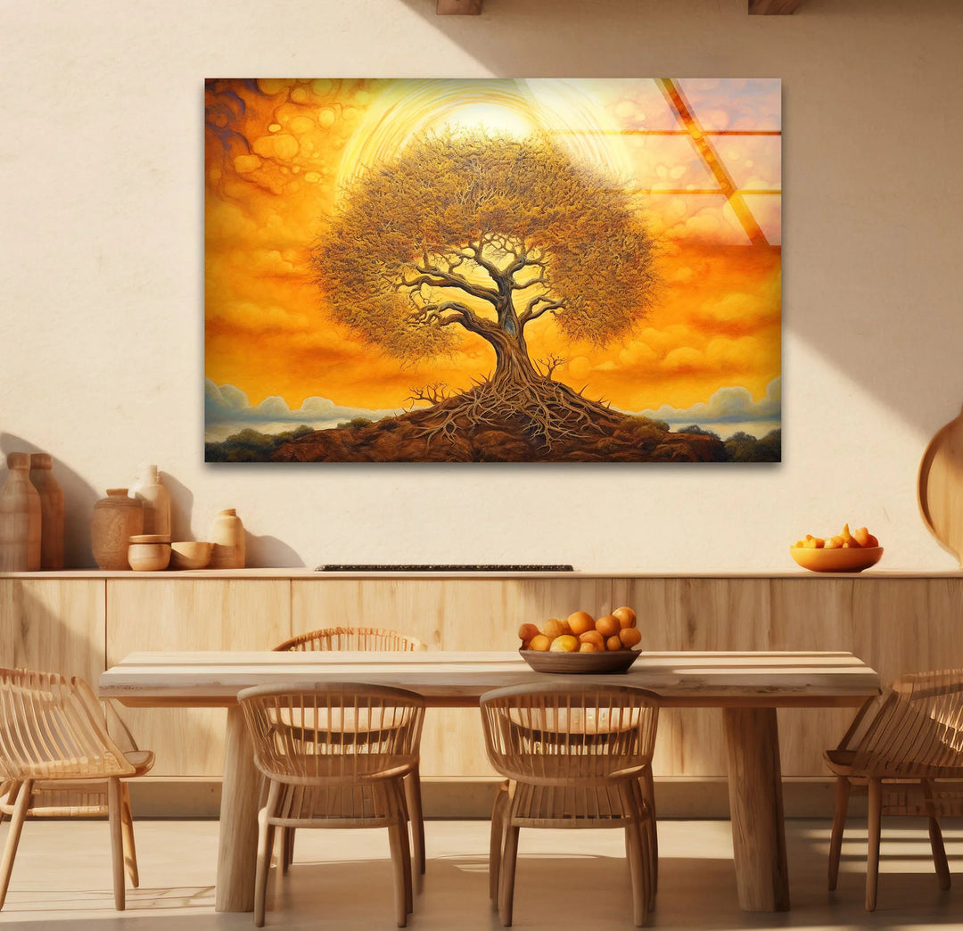 Surreal Tree of Life Wall Art – Glowing Sunset Glass Print for Spiritual and Nature-Inspired Decor - MyPhotoStation