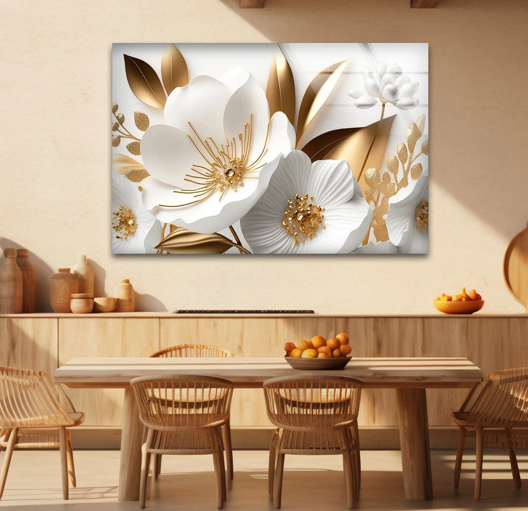 Elegant White and Gold Floral Wall Art – Luxury Botanical Glass Print for Sophisticated Decor - MyPhotoStation