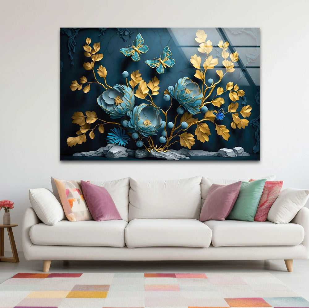 Yellow & Blue Flower 3D Glass Wall Art glass wall decor, glass wall art decor