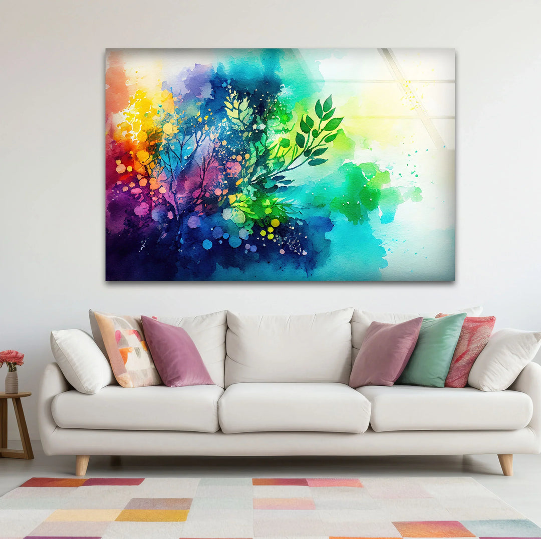 Vibrant Botanical Splash Wall Art – Colorful Nature-Inspired Glass Print for Creative Spaces - MyPhotoStation