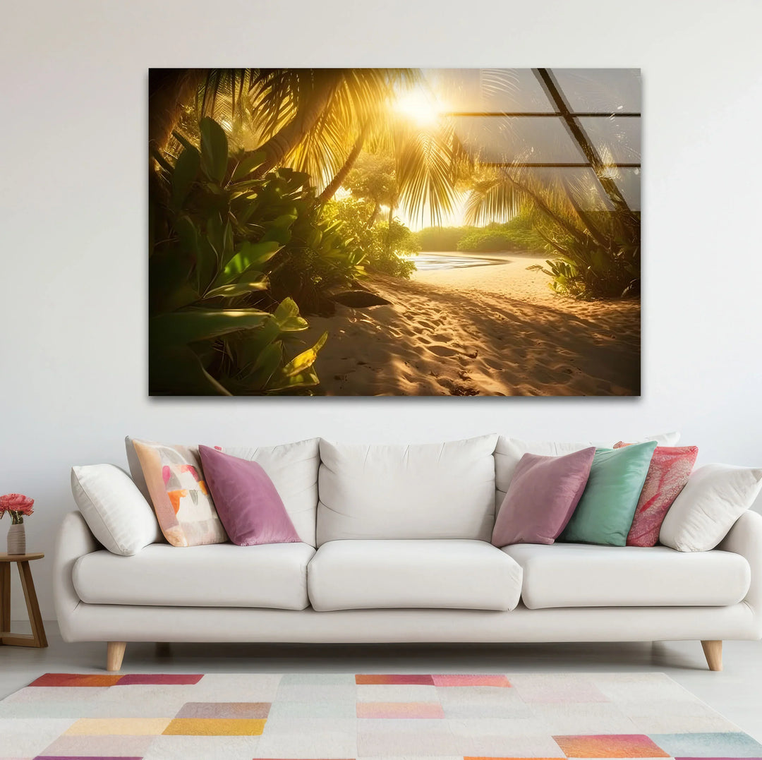 Golden Forest Beach Wall Art – Tropical Palm Tree Pathway Glass Print for Tranquil Nature-Inspired Decor - MyPhotoStation
