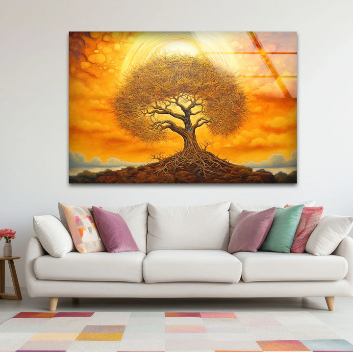 Surreal Tree of Life Wall Art – Glowing Sunset Glass Print for Spiritual and Nature-Inspired Decor - MyPhotoStation